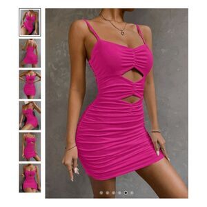 SHEIN Allurite Cut Out Ruched Cami Bodycon Dress Large Hot Pink Mini Summer Sexy